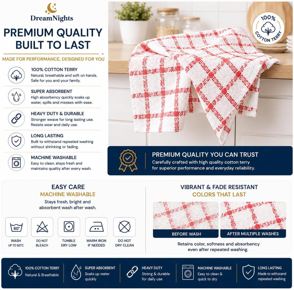 Tea Towels Set of 3 – Extra Large 70x40 cm, 100% Cotton Terry, Soft, Absorbent, Lint-Free, Assorted Blue
