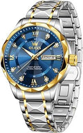 Men's Business Watch Gold Blue with Large Easy-Read Analog Quartz Date Display Luxury Stainless Steel Band Waterproof Luminous Hands