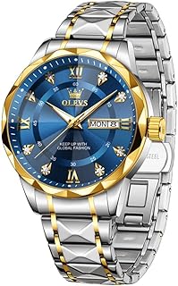 Men's Business Watch Gold Blue with Large Easy-Read Analog Quartz Date Display Luxury Stainless Steel Band Waterproof Luminous Hands