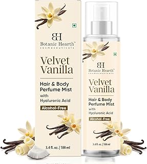 Botanic Hearth Velvet Vanilla Hair & Body Perfume Mist with Hyaluronic Acid, Alcohol-Free Formula, Long Lasting Fresh Vanilla Scent, Lightweight Body Spray for Women & Men, 3.4 fl oz (100 ml)