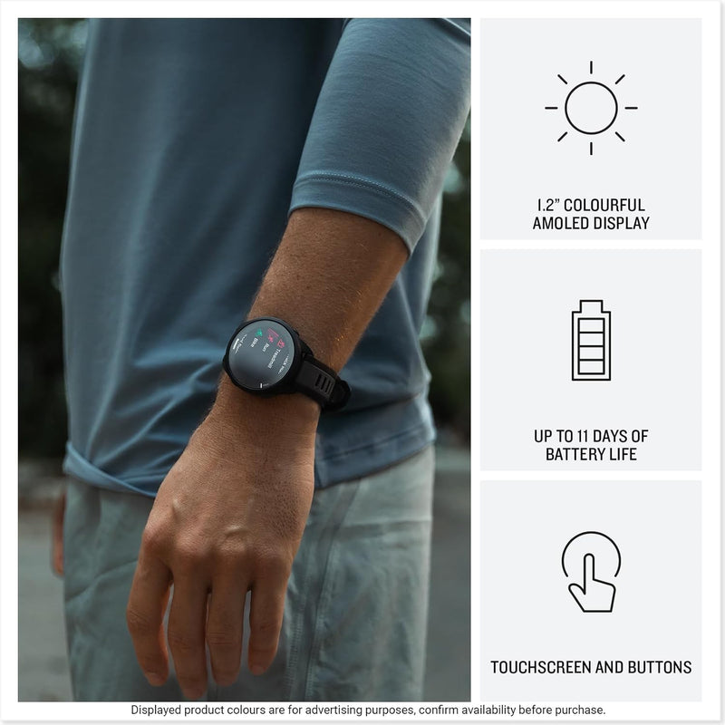 Garmin Forerunner 165, 43mm GPS running smartwatch, lightweight, AMOLED touchscreen, advanced training, insights & features, safety & tracking features, up to 11 days battery life, Black