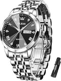 Men's Quartz Stainless Steel Band Diamond Quartz Watch Black Dial Day Date 30M Water Resistant Casual Business Wristwatch