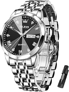 Men's Quartz Stainless Steel Band Diamond Quartz Watch Black Dial Day Date 30M Water Resistant Casual Business Wristwatch