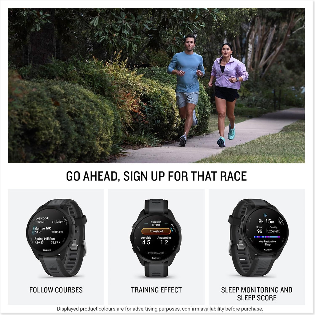Garmin Forerunner 165, 43mm GPS running smartwatch, lightweight, AMOLED touchscreen, advanced training, insights & features, safety & tracking features, up to 11 days battery life, Black