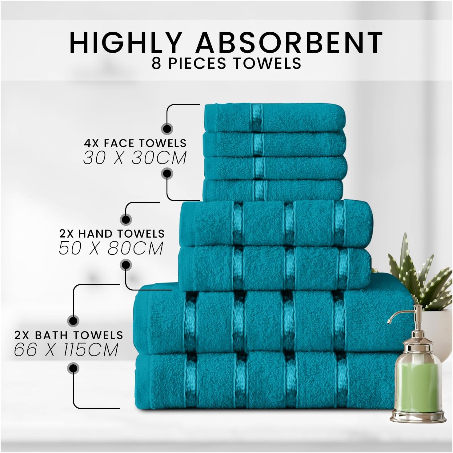 GC GAVENO CAVAILIA 8 Piece Cotton Towel Set – Quick Dry Highly Absorbent Teal Bathroom Towels
