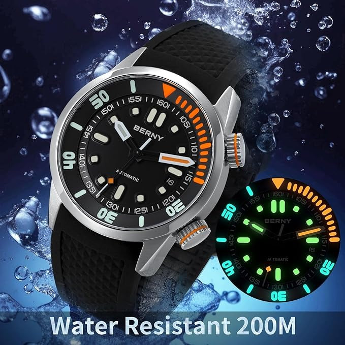Automatic Watch for Men Diving Watch Sapphire Glass Silicone Band Super Luminous Wristwatch 20ATM Waterproof
