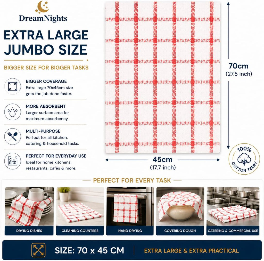 Tea Towels Set of 3 – Extra Large 70x40 cm, 100% Cotton Terry, Soft, Absorbent, Lint-Free, Assorted Blue