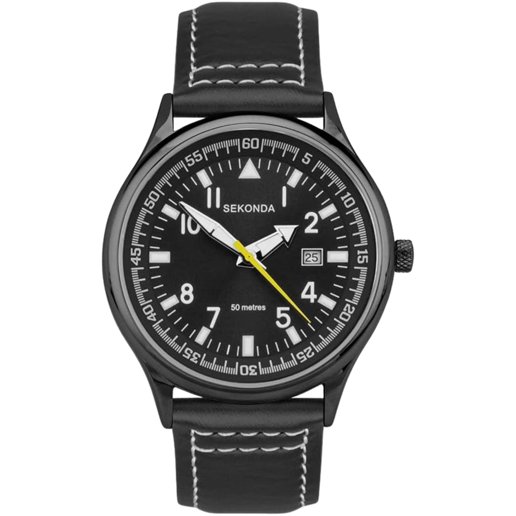 Fly Men's 42mm Pilot Watch Alloy Case Analogue Display Date Window Leather Strap 50m Water Resistant