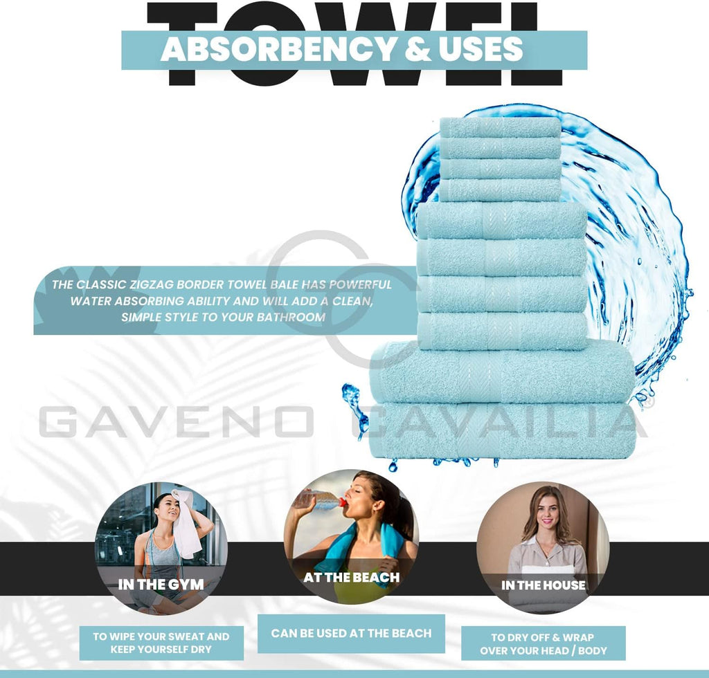 GC GAVENO CAVAILIA 10 Piece Cotton Towel Set – Soft Absorbent Aqua Bathroom Towels 450 GSM