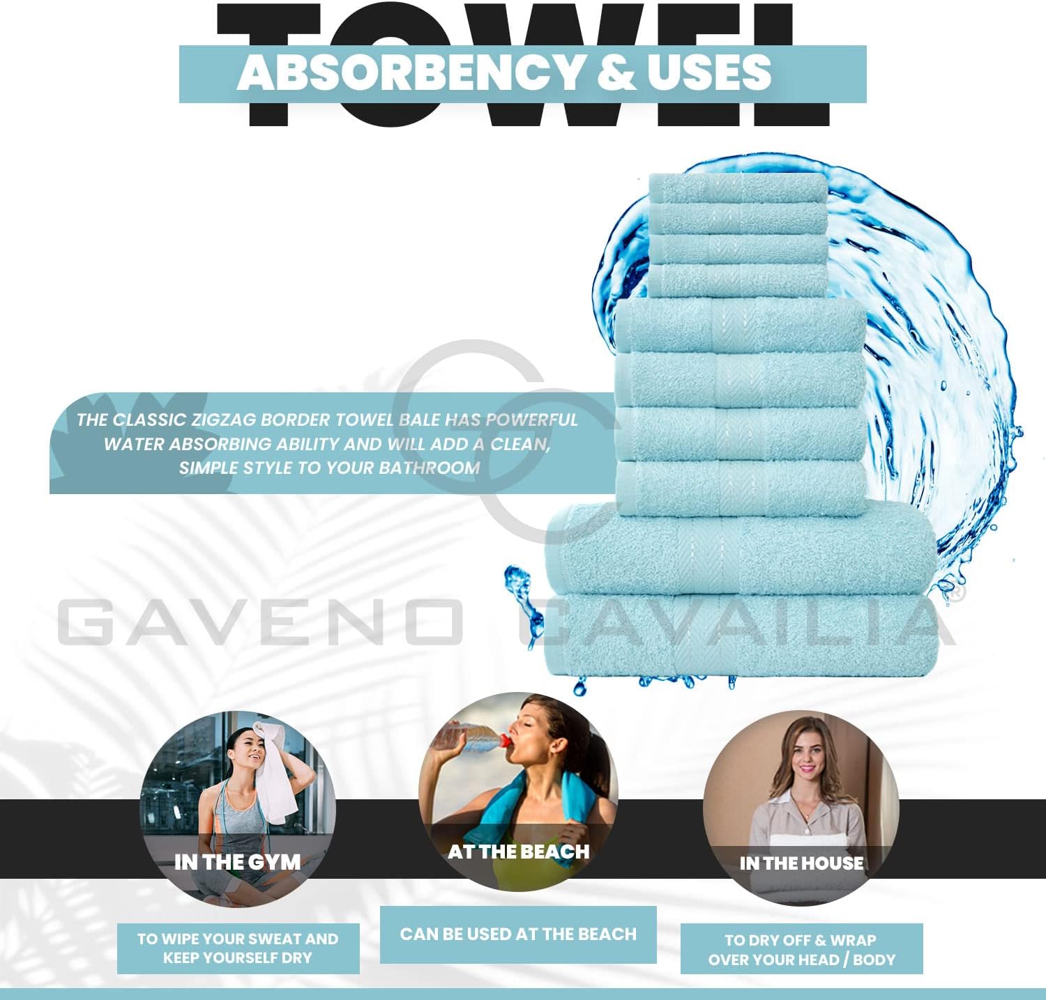 GC GAVENO CAVAILIA 10 Piece Cotton Towel Set – Soft Absorbent Aqua Bathroom Towels 450 GSM
