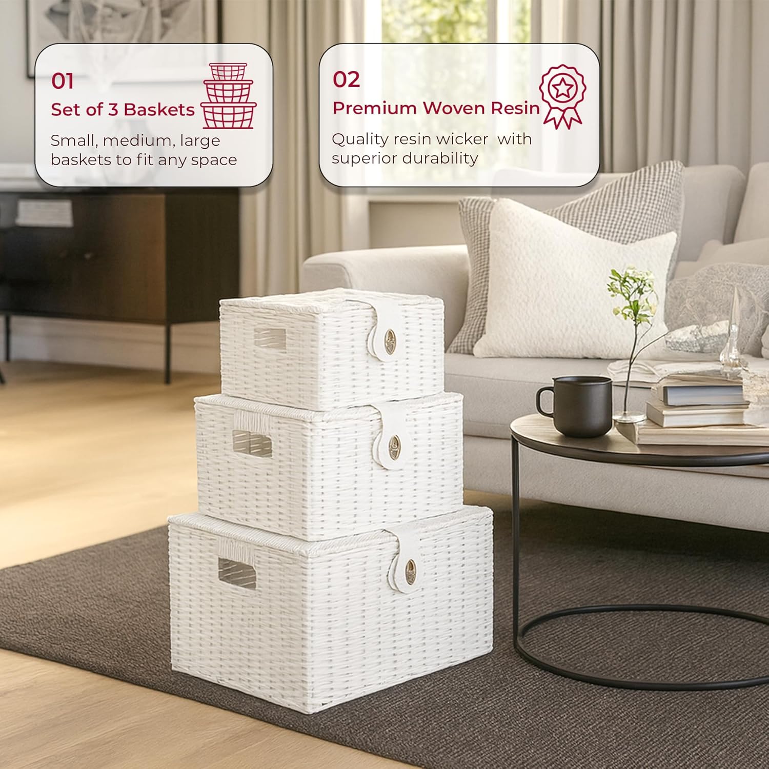 Innoteck Wicker Storage Basket Set with Lids White 3-Pack