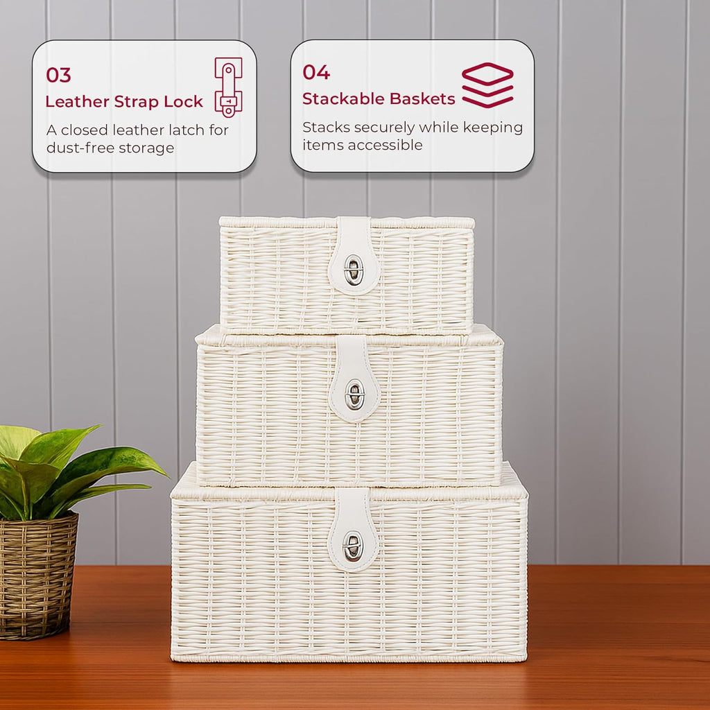 Innoteck Wicker Storage Basket Set with Lids White 3-Pack