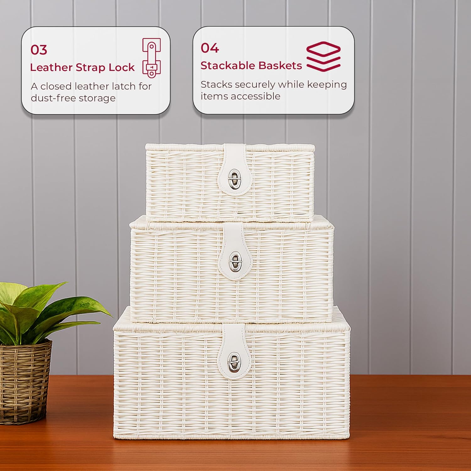 Innoteck Wicker Storage Basket Set with Lids White 3-Pack