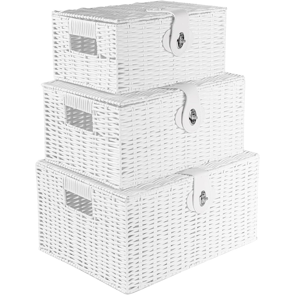 Innoteck Wicker Storage Basket Set with Lids White 3-Pack