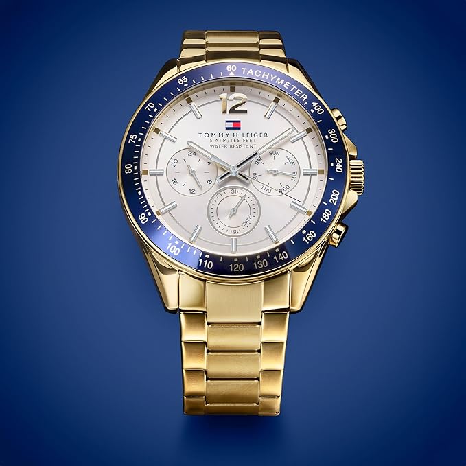 Men's 48mm Multifunction Quartz Watch - Gold Stainless Steel Bracelet, Silver White Dial, 3 Sub-Dials, 5ATM Water Resistant - 1791121