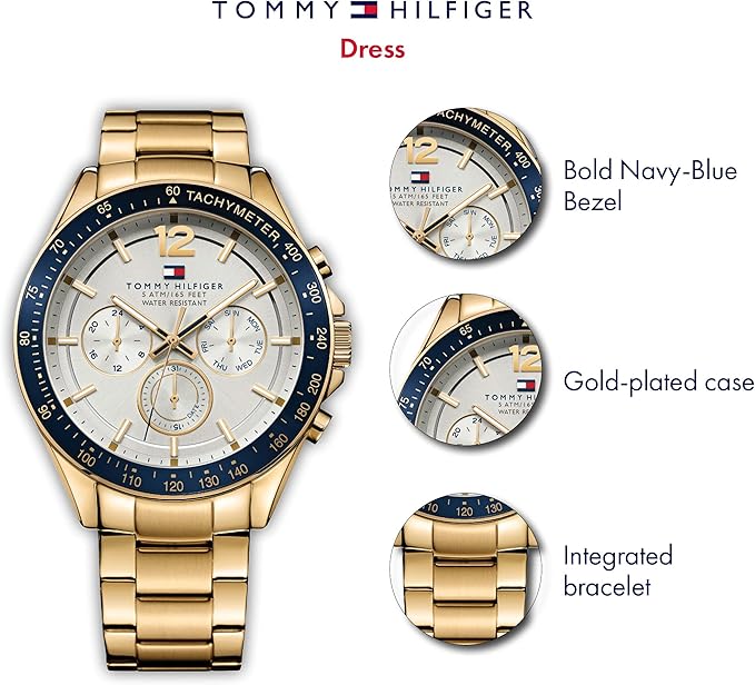 Men's 48mm Multifunction Quartz Watch - Gold Stainless Steel Bracelet, Silver White Dial, 3 Sub-Dials, 5ATM Water Resistant - 1791121