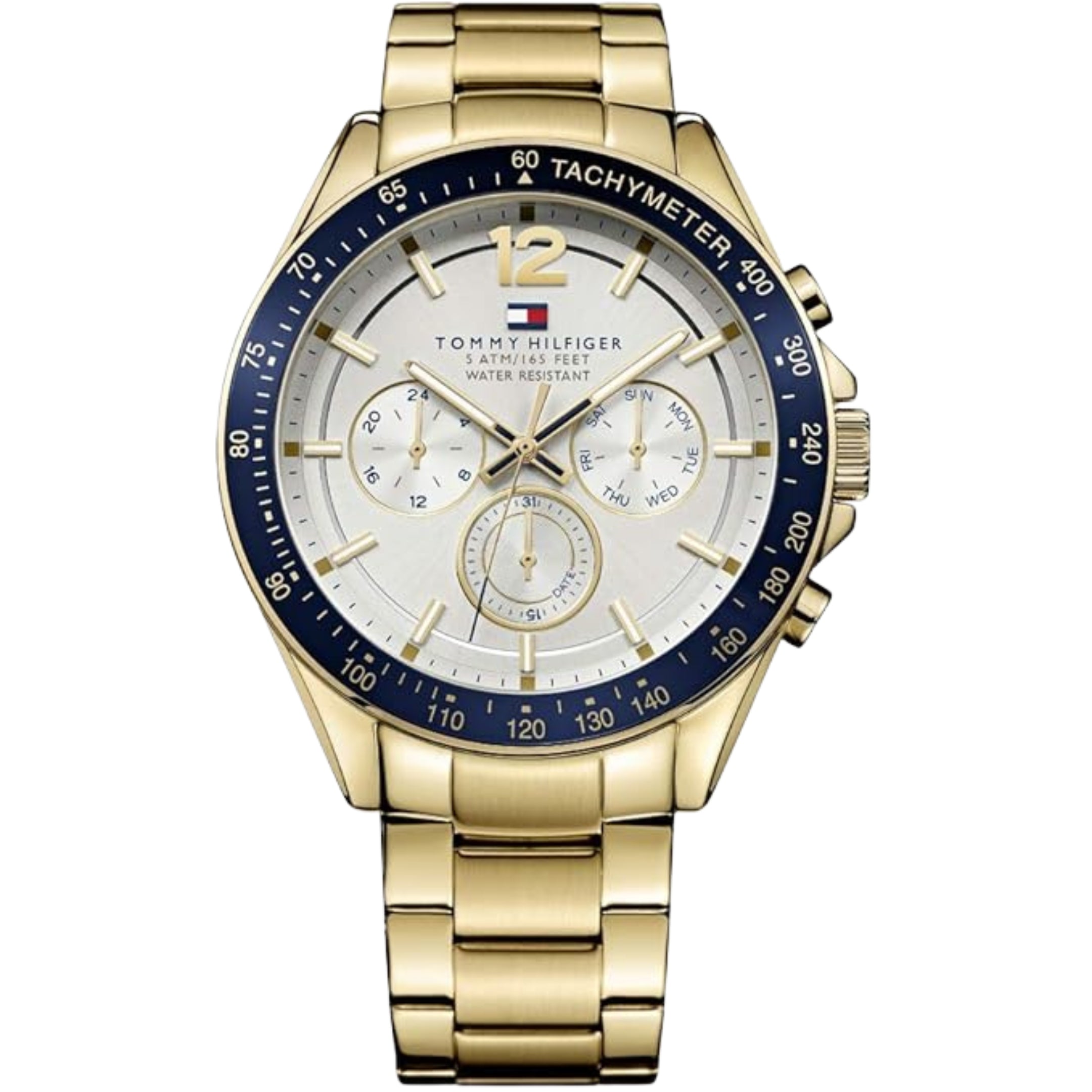 Men's 48mm Multifunction Quartz Watch - Gold Stainless Steel Bracelet, Silver White Dial, 3 Sub-Dials, 5ATM Water Resistant - 1791121