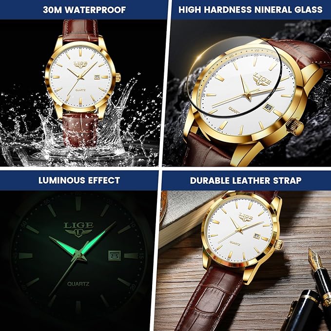Men's Watches Waterproof Quartz Wrist Watch Stainless Steel Men's Watch with Date Business Black Leather Strap Wrist Watch for Men