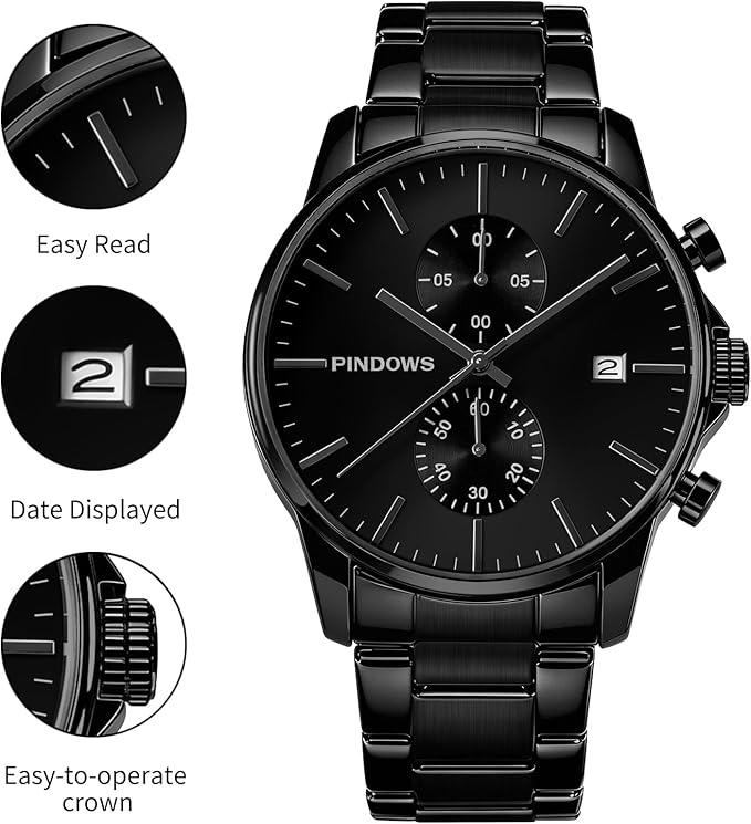 Mens Watches Fashion Minimalist Business Heavy Duty Stainless Steel Waterproof Chronograph Quartz Watch with Auto Date