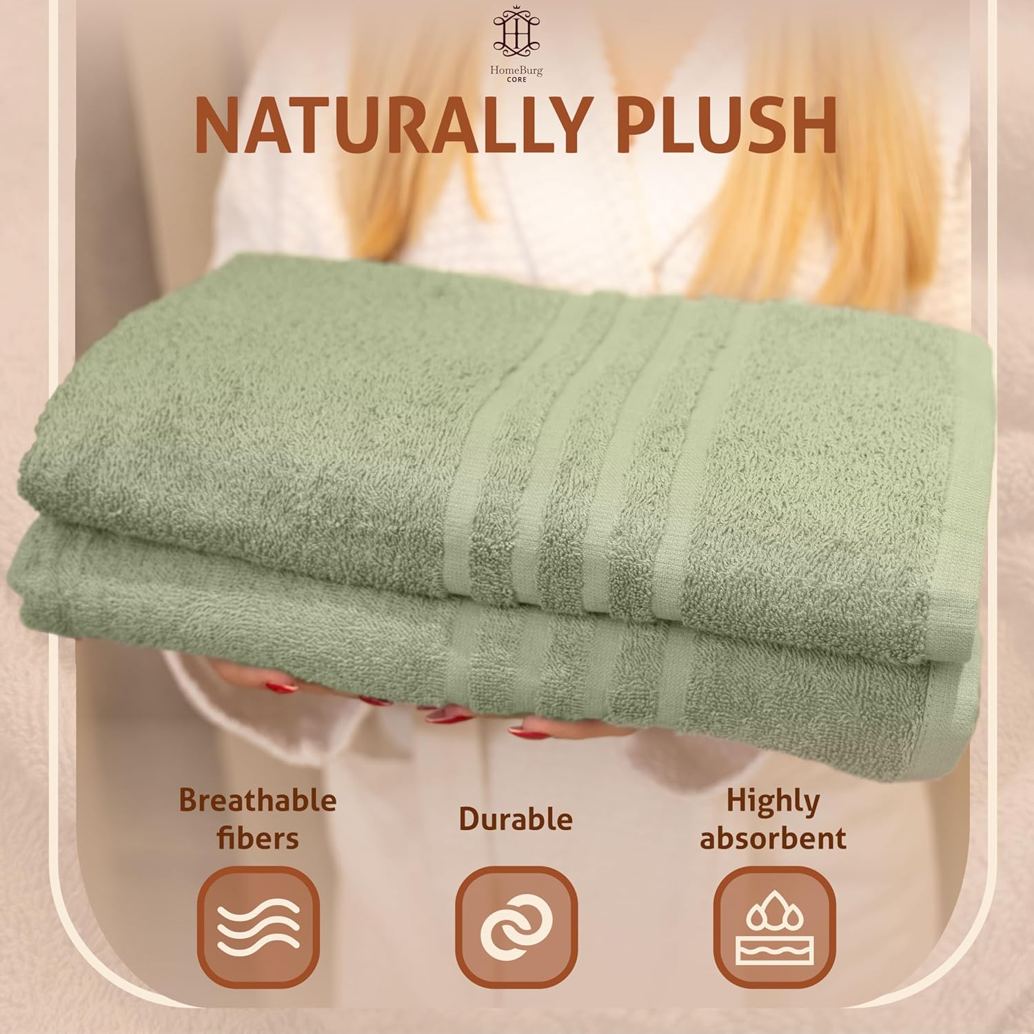 Core 4-Piece Towel Set – Soft Cotton, Absorbent Bath Towels 65x135 cm, Moss Green