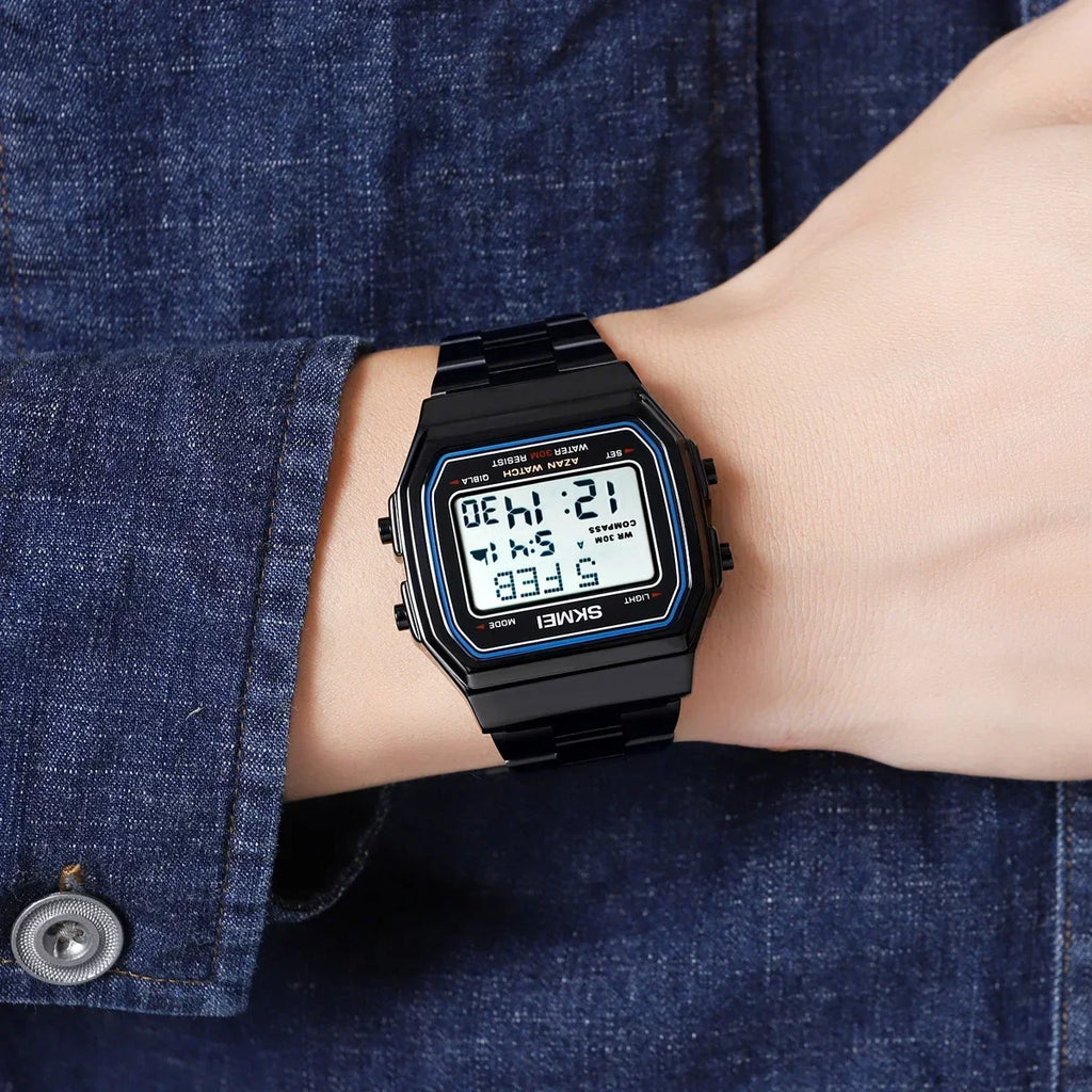 2113 Men's Islamic Prayer Watch – Azan Alarm, Qibla Compass, Hijri Calendar & Digital Sports Wristwatch with Backlight