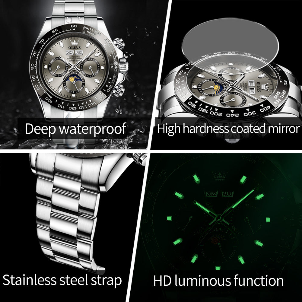 6654 Luxury Men's Automatic Watch – Chronograph Mechanical Waterproof Wristwatch with Luminous Display & Date Function