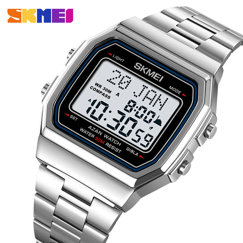 2113 Men's Islamic Prayer Watch – Azan Alarm, Qibla Compass, Hijri Calendar & Digital Sports Wristwatch with Backlight