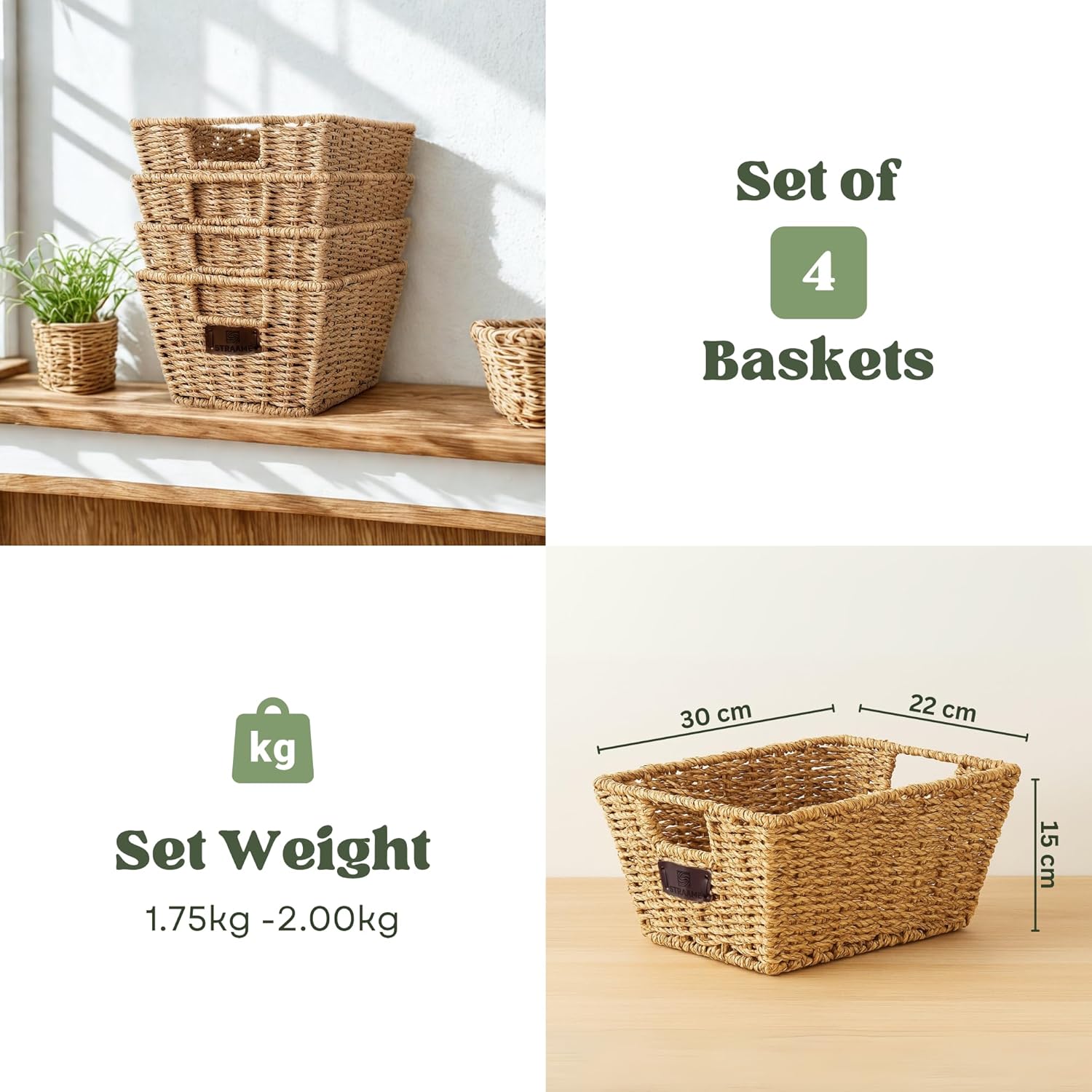 Straame Seagrass Storage Baskets Set of 4 with Handles