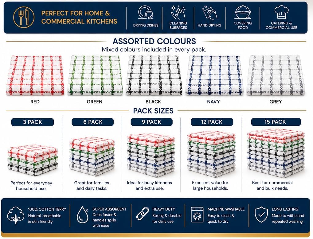 Tea Towels Set of 3 – Extra Large 70x40 cm, 100% Cotton Terry, Soft, Absorbent, Lint-Free, Assorted Blue