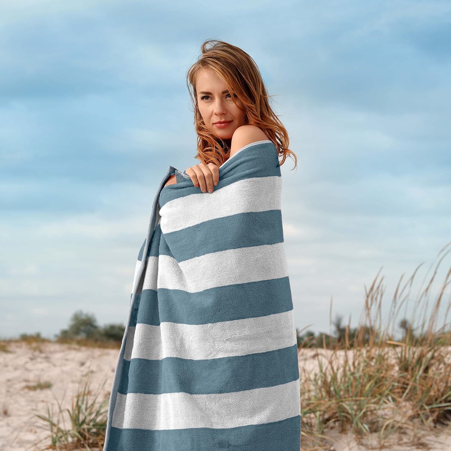SweetNeedle Beach Towels Pack of 4 – 100% Cotton Terry Cabana Striped Quick Dry Pool Towels 76x152cm