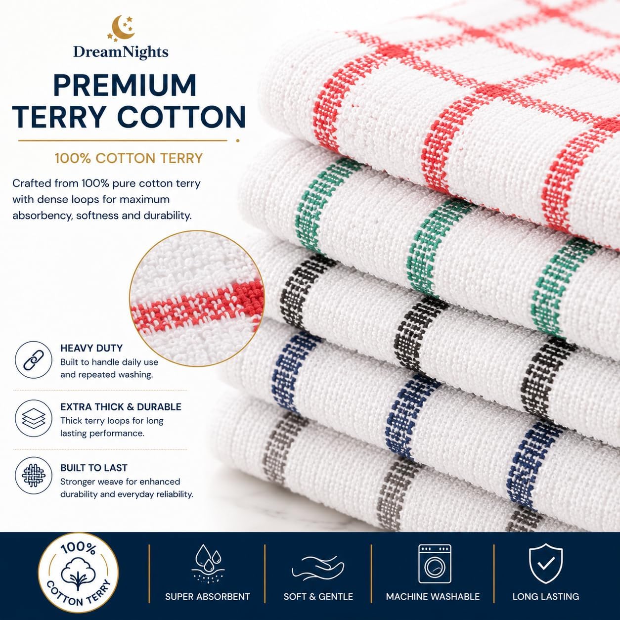 Tea Towels Set of 3 – Extra Large 70x40 cm, 100% Cotton Terry, Soft, Absorbent, Lint-Free, Assorted Blue