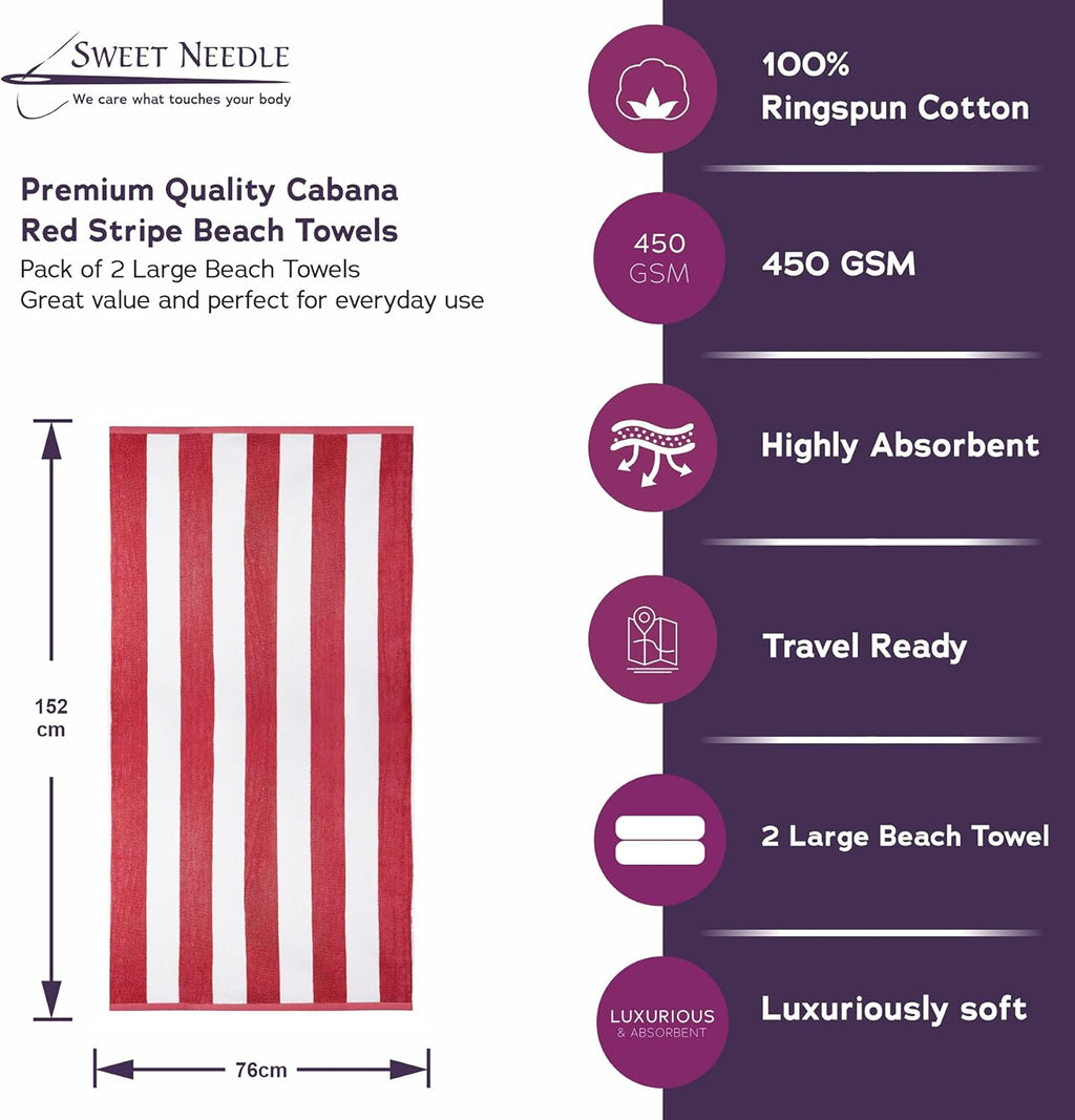 SweetNeedle Beach Towels Pack of 4 – 100% Cotton Terry Cabana Striped Quick Dry Pool Towels 76x152cm