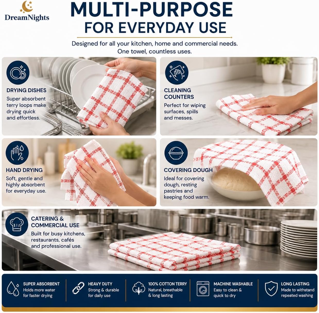 Tea Towels Set of 3 – Extra Large 70x40 cm, 100% Cotton Terry, Soft, Absorbent, Lint-Free, Assorted Blue